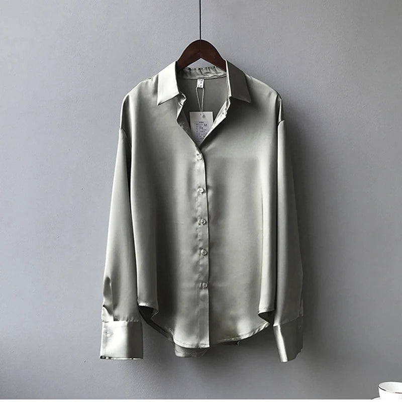 Women's Button Up Satin Silk Shirt