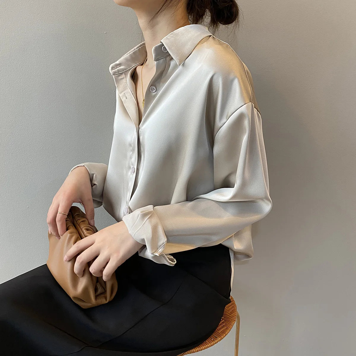 Women's Button Up Satin Silk Shirt