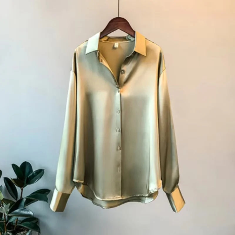 Women's Button Up Satin Silk Shirt