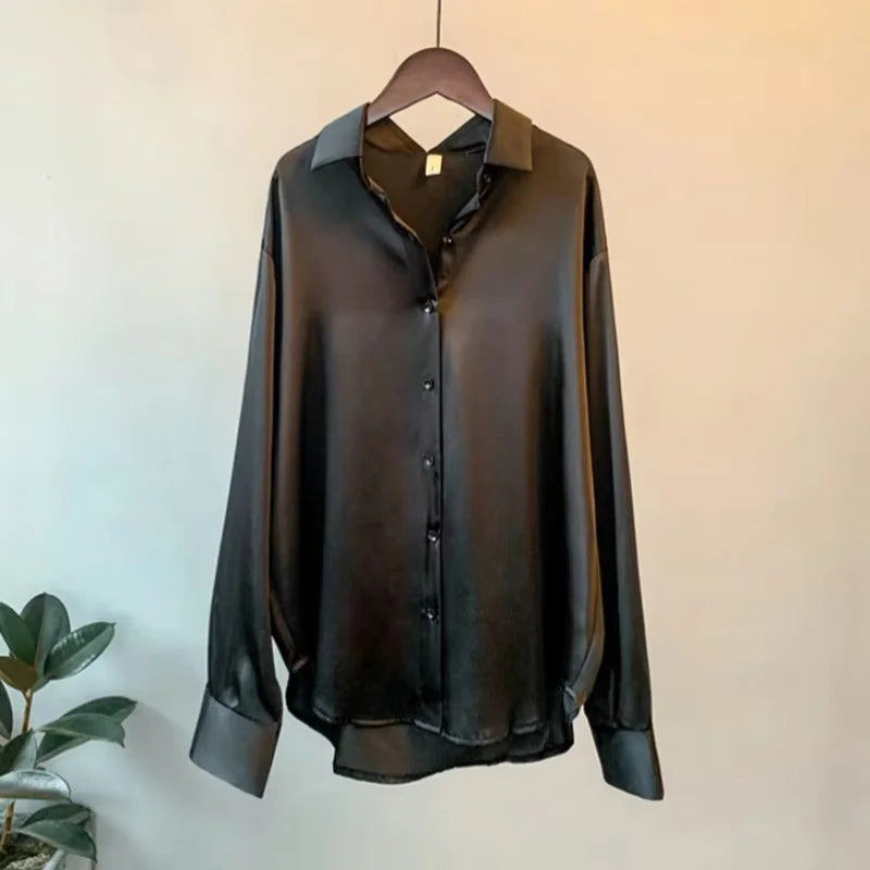Women's Button Up Satin Silk Shirt
